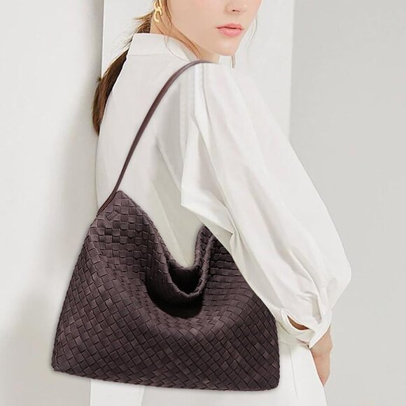 Elegant Women's Faux Suede Woven Tote Bag - Slouchy Shoulder Purse 2025 - Picture 2 of 6